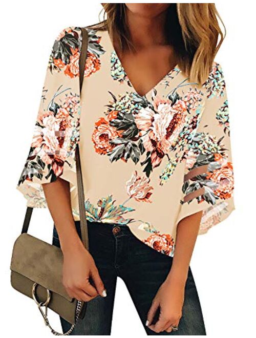 LookbookStore Women's V Neck Shirt Printed Top 3/4 Bell Sleeve Mesh Panel Blouse