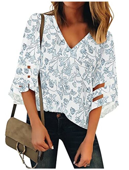 LookbookStore Women's V Neck Shirt Printed Top 3/4 Bell Sleeve Mesh Panel Blouse