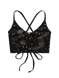 Women's Tie Back Sun & Moon Graphic Velvet Cami Top