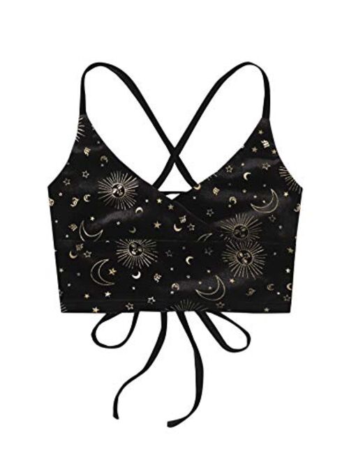 SweatyRocks Women's Tie Back Sun & Moon Graphic Velvet Cami Top