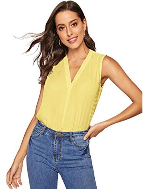 SweatyRocks Women's Chiffon Sleeveless V Neck Tunic Blouse Loose Casual Tank Top