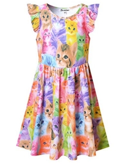 Girls Flutter Sleeve Unicorn Mermaid Dresses Summer Party Beach Hawaiian Clothes