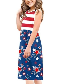 BesserBay Girl's Fourth of July American Flag Stars Stripes Patriotic Midi Tank Dress 5-12 Years