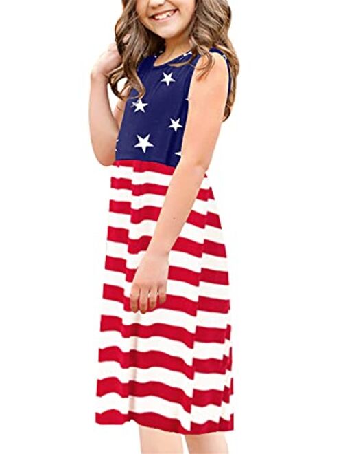 BesserBay Girl's Fourth of July American Flag Stars Stripes Patriotic Midi Tank Dress 5-12 Years