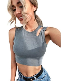 Women's Solid Sleeveless Cut Out Crop Tank Ribbed Cami Top