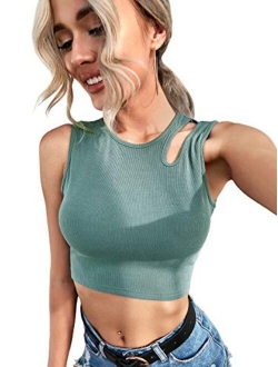 Women's Solid Sleeveless Cut Out Crop Tank Ribbed Cami Top