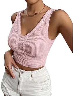 Women's V Neck Crop Cami Tank Top Ribbed Knit Sleeveless Shirt