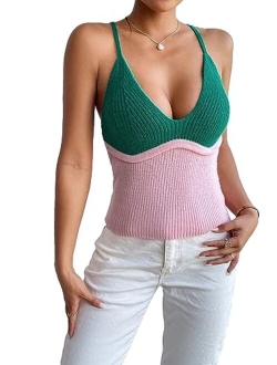 Women's V Neck Crop Cami Tank Top Ribbed Knit Sleeveless Shirt