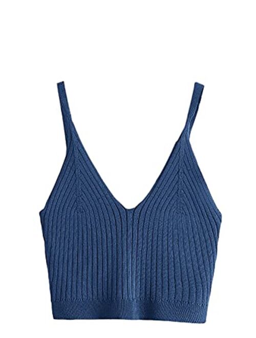 SweatyRocks Women's V Neck Crop Cami Tank Top Ribbed Knit Sleeveless Shirt