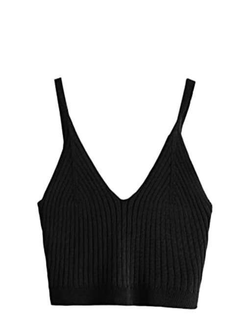 SweatyRocks Women's V Neck Crop Cami Tank Top Ribbed Knit Sleeveless Shirt