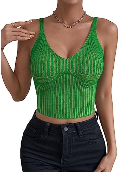 SweatyRocks Women's V Neck Crop Cami Tank Top Ribbed Knit Sleeveless Shirt