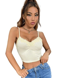 Women's Spaghetti Straps Lace Trim Ruched Crop Cami Tank Top