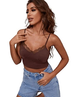 Women's Spaghetti Straps Lace Trim Ruched Crop Cami Tank Top