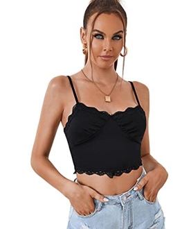 Women's Spaghetti Straps Lace Trim Ruched Crop Cami Tank Top