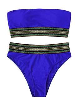 Women's Bathing Suits Striped Bandeau Bikini high Waisted Swimsuits Swimwear Set