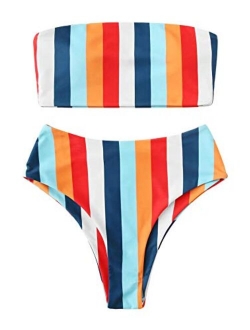 Women's Bathing Suits Striped Bandeau Bikini high Waisted Swimsuits Swimwear Set