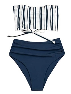 Women's Bathing Suits Striped Bandeau Bikini high Waisted Swimsuits Swimwear Set