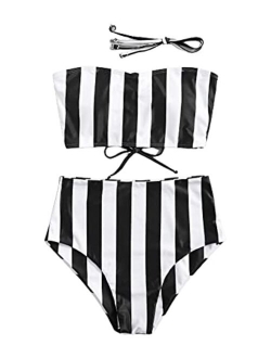 Women's Bathing Suits Striped Bandeau Bikini high Waisted Swimsuits Swimwear Set