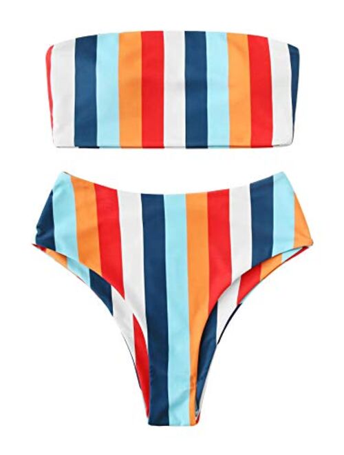 SweatyRocks Women's Bathing Suits Striped Bandeau Bikini high Waisted Swimsuits Swimwear Set