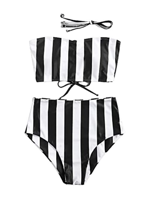 SweatyRocks Women's Bathing Suits Striped Bandeau Bikini high Waisted Swimsuits Swimwear Set