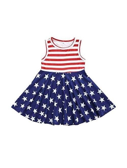 FEDPOP 4th July Dress Toddler Girl Dress Celebrating Independence Day Outfits Red White and Blue Patrotic Flag Kids Clothes.