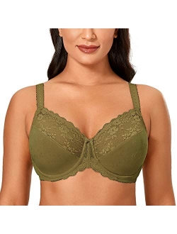 Women's Lace Sheer Unlined Underwire Full Coverage Plus Size Minimizer Bra