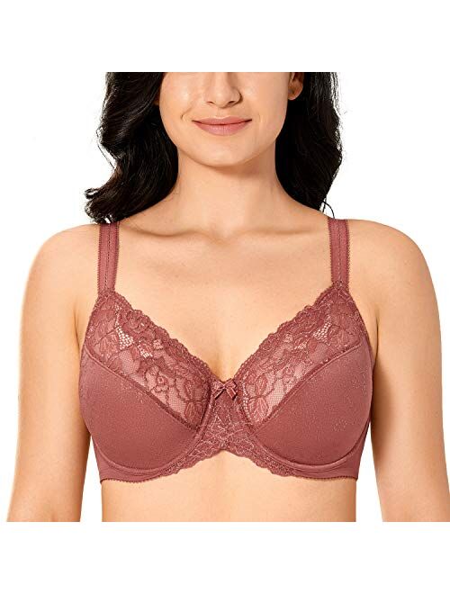 DELIMIRA Women's Lace Sheer Unlined Underwire Full Coverage Plus Size Minimizer Bra