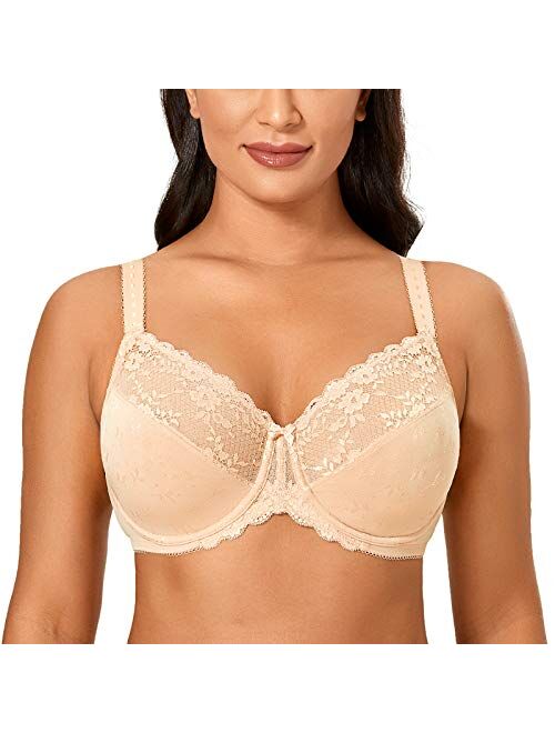 DELIMIRA Women's Lace Sheer Unlined Underwire Full Coverage Plus Size Minimizer Bra