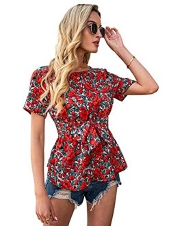 Women's Short Sleeve Floral Print Peplum Blouse Shirt Top with Belt