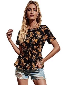 Women's Short Sleeve Floral Print Peplum Blouse Shirt Top with Belt