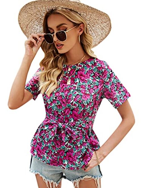 SweatyRocks Women's Short Sleeve Floral Print Peplum Blouse Shirt Top with Belt