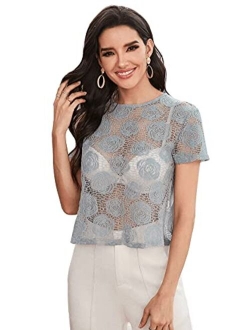 Women Sexy Sheer Mesh Crop Tops Floral Embroided See Throught Short Sleeve T Shirt Blouse