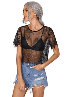 Women Sexy Sheer Mesh Crop Tops Floral Embroided See Throught Short Sleeve T Shirt Blouse