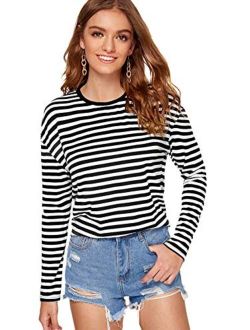 Women's Casual Striped Tee Shirt Long Sleeve Round Neck Top