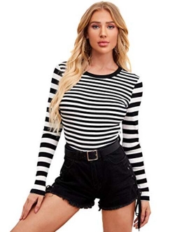 Women's Casual Striped Tee Shirt Long Sleeve Round Neck Top