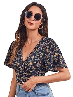 Women's Floral Short Sleeve Deep V Wrap Shirred Crop Tops Blouse