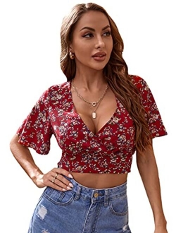 Women's Floral Short Sleeve Deep V Wrap Shirred Crop Tops Blouse