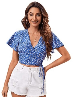 Women's Floral Short Sleeve Deep V Wrap Shirred Crop Tops Blouse