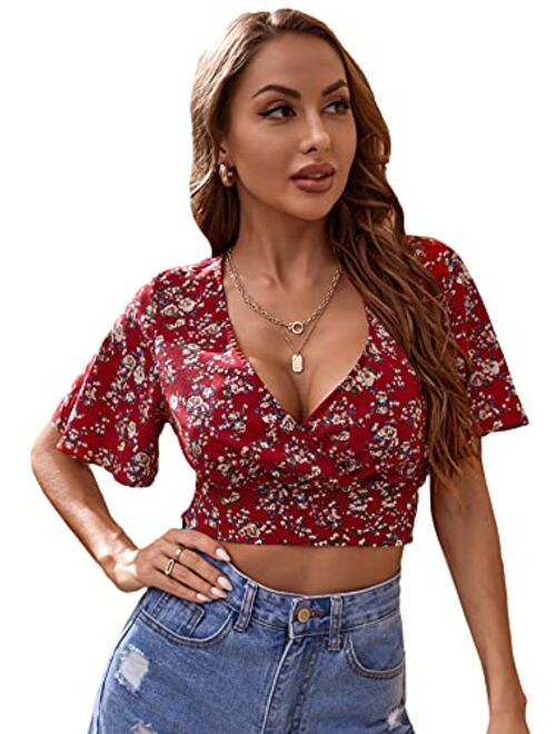 SweatyRocks Women's Floral Short Sleeve Deep V Wrap Shirred Crop Tops Blouse