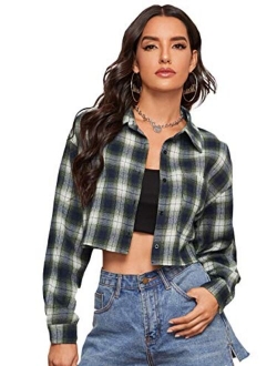 Women's Cute Color Block Long Sleeve Crop Tops Plaid Button Down Blouse