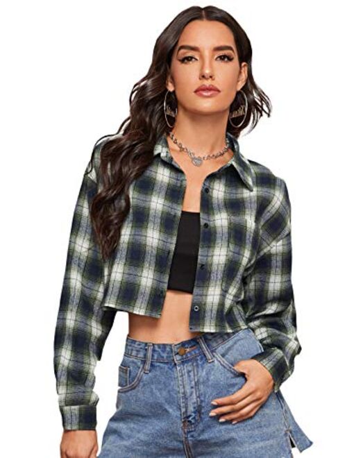 SweatyRocks Women's Cute Color Block Long Sleeve Crop Tops Plaid Button Down Blouse