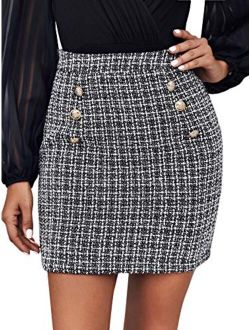 Women's Elegant High Waist A-line Plaid Tweed Mini Skirt