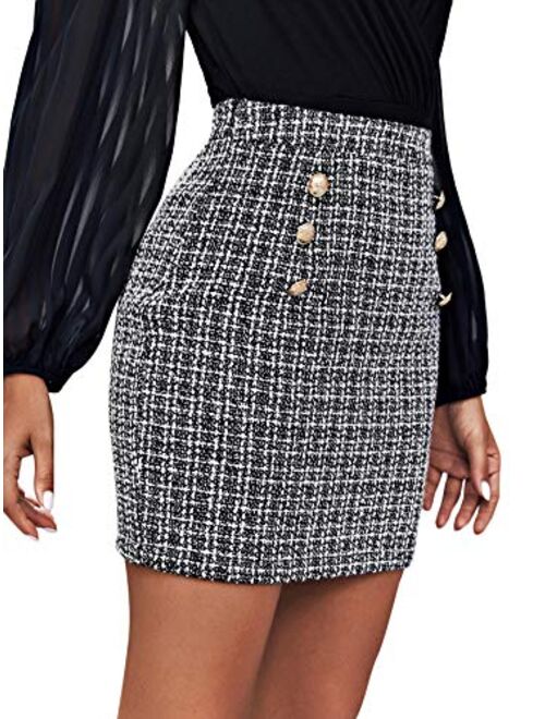 SweatyRocks Women's Elegant High Waist A-line Plaid Tweed Mini Skirt