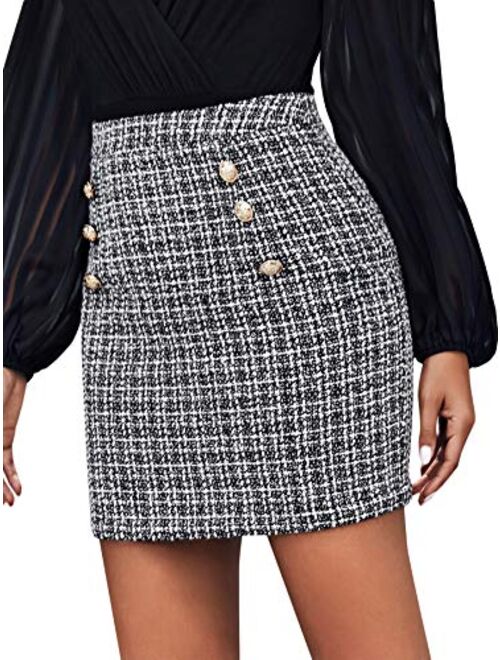 SweatyRocks Women's Elegant High Waist A-line Plaid Tweed Mini Skirt