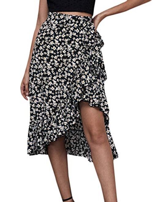 SweatyRocks Women's Floral Print High Waist Wrap Ruffle Hem Flared A Line Midi Skirt