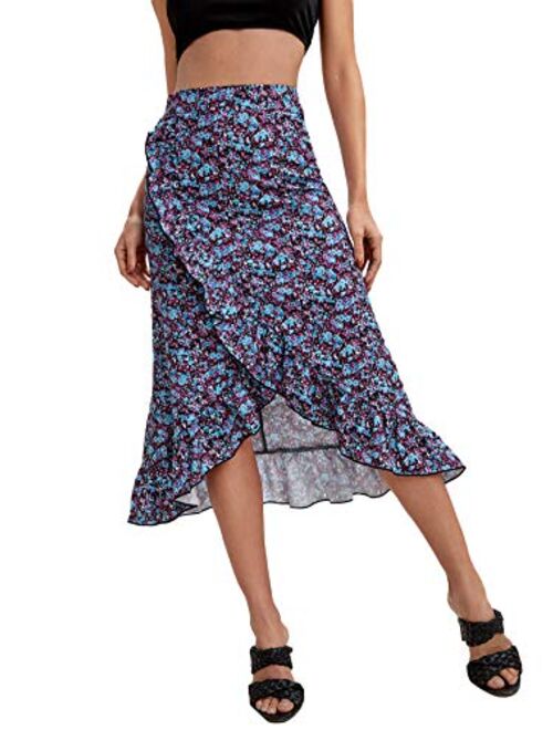 SweatyRocks Women's Floral Print High Waist Wrap Ruffle Hem Flared A Line Midi Skirt