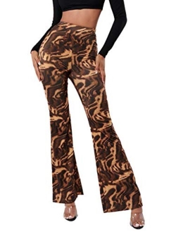 Women's Boho Stretchy Wide Leg Leopard Print Bell Bottom Flare Pants