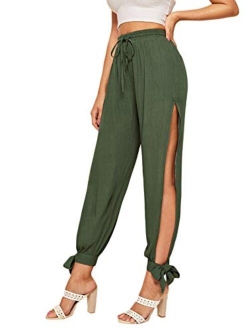 Women's High Split Harem Pants Drawstring Waist Hippie Pants Trousers