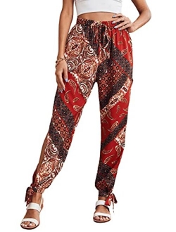 Women's High Split Harem Pants Drawstring Waist Hippie Pants Trousers