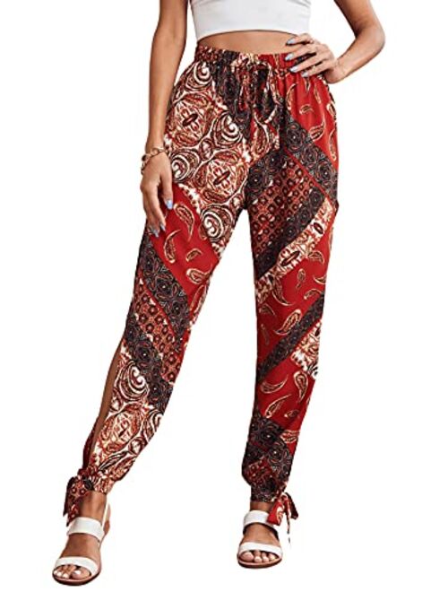 SweatyRocks Women's High Split Harem Pants Drawstring Waist Hippie Pants Trousers